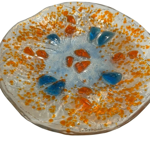 Fused Glass Confetti Shallow Bowl Handmade Signed - Picture 2 of 6